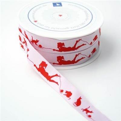 RUBAN ACUFACTUM PETITE FILLE ET CHAT - ROUGE - 2CM - LE ROULEAU 20 M