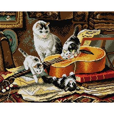 CANEVAS ANTIQUE BLANC - OR1903M - PETITS CHATS GUITARISTES