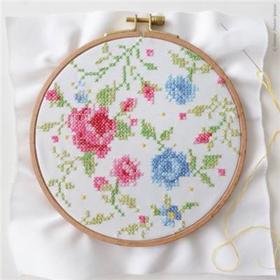 BLUE & PINK ROSES - KIT BRODERIE 21X21CM - TAMBOUR NON INCLUS