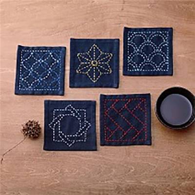 KIT OLYMPUS SASHIKO 3 LOTS DE 5 CARRES TSUMUGI A BRODER - BLEU INDIGO