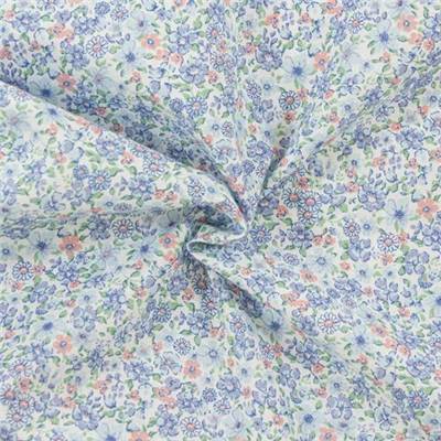 VOILE IMPRIME COTON BIO - 150 CM - FLEURI BLEU PALE ET ROSE