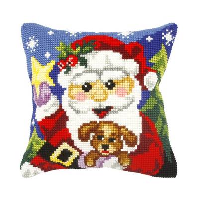 COUSSIN PT DE CROIX EN KIT 40 X 40 CM - PÈRE NOËL ET PETIT CHIEN