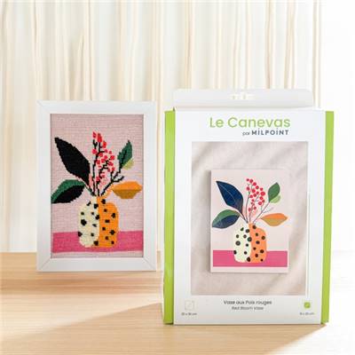 KIT CANEVAS COMPLET - DESSIN 15 X 20 CM - VASE AUX POIS ROUGES