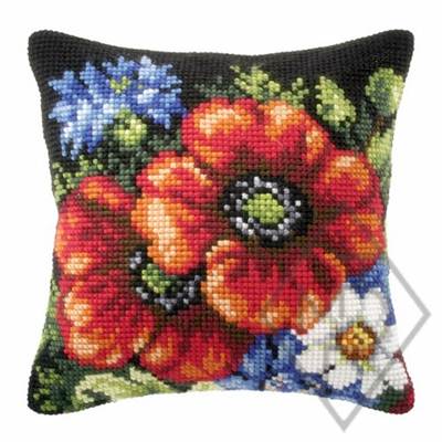 COUSSIN PT DE CROIX EN KIT 40 X 40 CM - COQUELICOTS ET BLEUETS