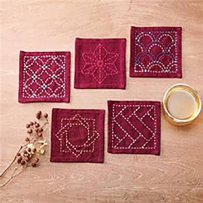 KIT OLYMPUS SASHIKO 3 LOTS DE 5 CARRES TSUMUGI A BRODER - ROUGE 