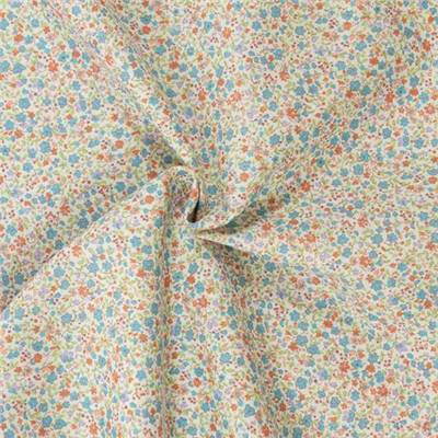VOILE IMPRIME COTON BIO - 150 CM - FLEURI BLEU ET ORANGE