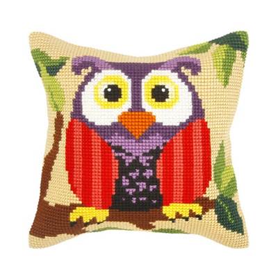 COUSSIN PT DE CROIX EN KIT 40 X 40 CM - HIBOU SUR UNE BRANCHE