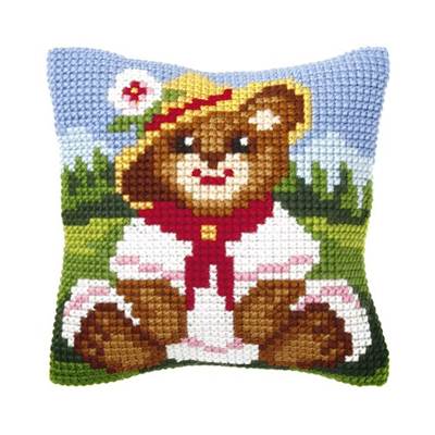 COUSSIN PT DE CROIX EN KIT 25 X 25 CM - OURSON DANS LA PRAIRIE