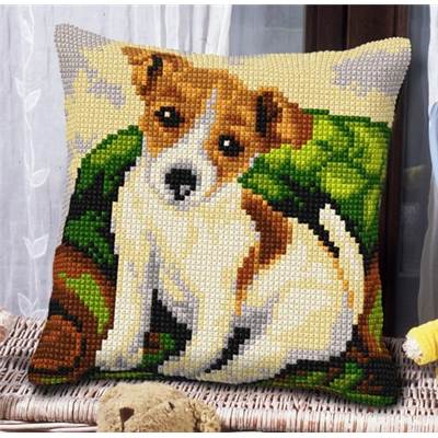 COUSSIN PT DE CROIX EN KIT 40 X 40 CM - PETIT CHIEN ASSIS