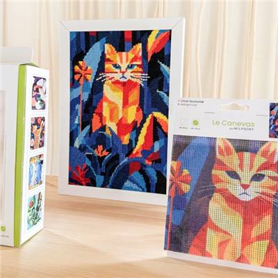 CANEVAS IMPRIME BLANC - DESSIN 20 X 30 CM - CHAT NOCTURNE