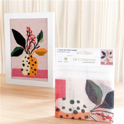 CANEVAS IMPRIME BLANC - DESSIN 15 X 20 CM - VASE AUX POIS ROUGES