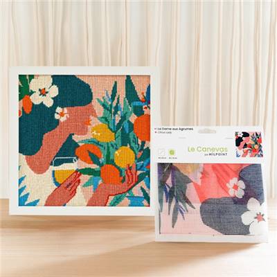 CANEVAS IMPRIME BLANC - DESSIN 30 X 30 CM - LA DAME AUX AGRUMES