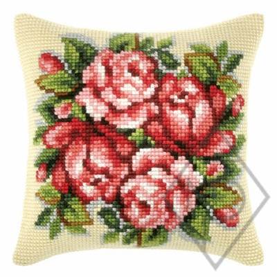 COUSSIN PT DE CROIX EN KIT 40 X 40 CM - UNE COURONNE DE ROSES