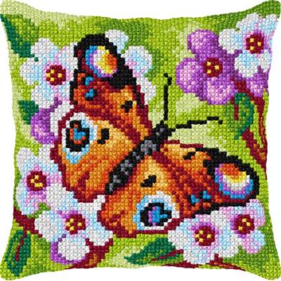 COUSSIN PT DE CROIX EN KIT 40 X 40 CM - PAPILLON ET FLEURS