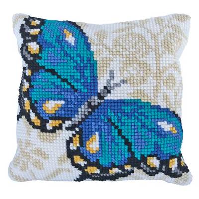 COUSSIN POINT DE CROIX LADYBIRD - PAPILLON BLEU - 40 X 40 CM