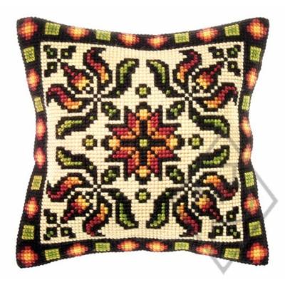 COUSSIN PT DE CROIX EN KIT 40 X 40 CM - FLEURS DE LYS ORANGÉES