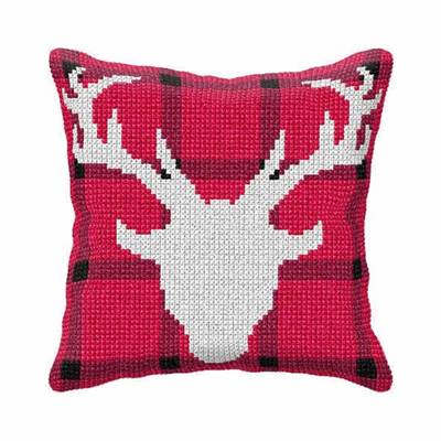 COUSSIN PT DE CROIX EN KIT 40 X 40 CM - TÊTE DE CERF BLANC