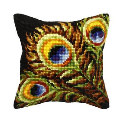 COUSSIN PT DE CROIX EN KIT 40 X 40 CM - PLUMES DE PAON