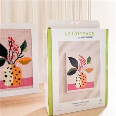 KIT CANEVAS COMPLET - DESSIN 15 X 20 CM - VASE AUX POIS ROUGES
