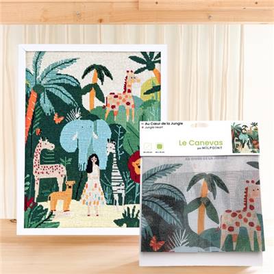 CANEVAS IMPRIME BLANC - DESSIN 40 X 50 CM - AU COEUR DE LA JUNGLE