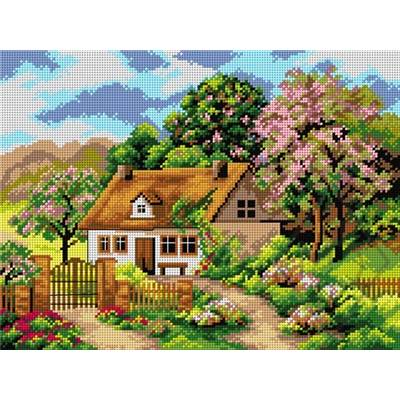 CANEVAS ANTIQUE 30 X 40 CM - LA MAISON DANS LA FORET AU PRINTEMPS