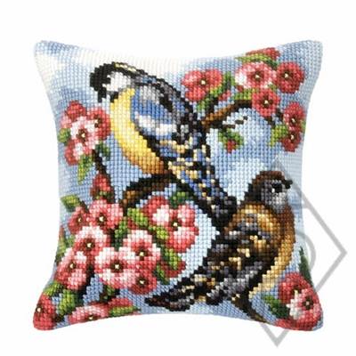 COUSSIN PT DE CROIX EN KIT 40 X 40 CM - DEUX OISEAUX DANS UN CERISIER