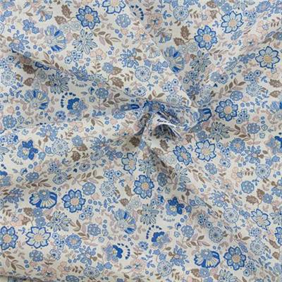 VOILE IMPRIME COTON BIO - 150 CM - FLEURI TONS BLEUS