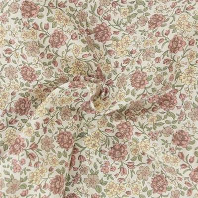 VOILE IMPRIME COTON BIO - 150 CM - FLEURI TONS VIEUX ROSE