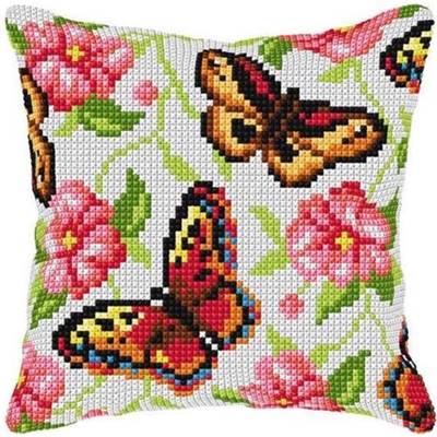 COUSSIN PT DE CROIX EN KIT 40 X 40 CM - LES 2 PAPILLONS ET LES ROSES