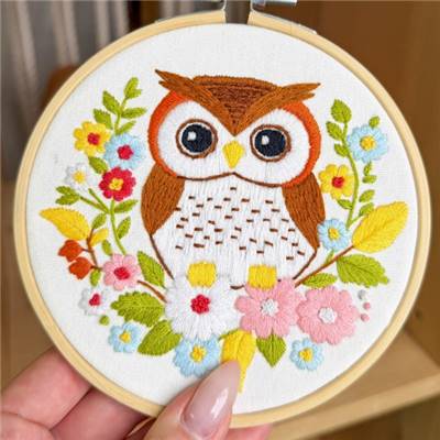 KIT BRODERIE AVEC TAMBOUR 15 CM - CHOUETTE FLEURIE