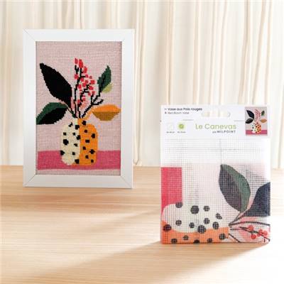 CANEVAS IMPRIME BLANC - DESSIN 15 X 20 CM - VASE AUX POIS ROUGES