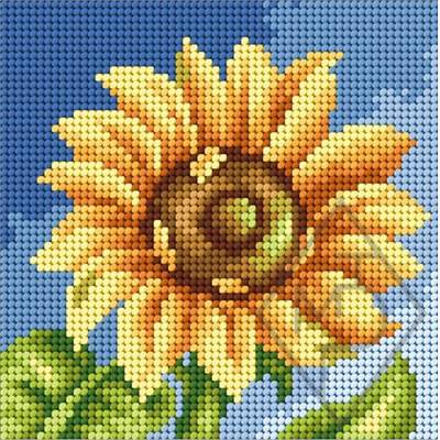 CANEVAS BLANC 15 X 15 CM - BOUTON DE TOURNESOL ET CIEL BLEU