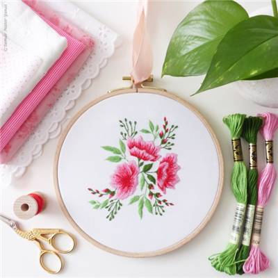 PINK FLOWERS - KIT BRODERIE 21X21CM - TAMBOUR NON INCLUS