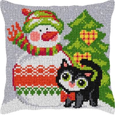 COUSSIN PT DE CROIX EN KIT 40 X 40 CM - BONHOMME DE NEIGE ET CHAT