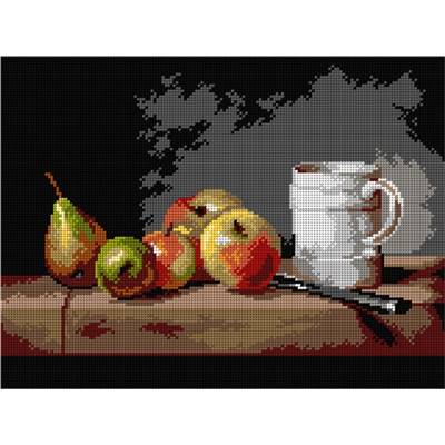 CANEVAS BLANC - NATURE MORTE AVEC COUPE POMMES ET POIRES - 30 X 40 CM