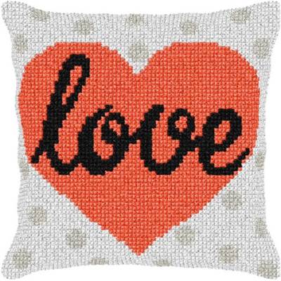 COUSSIN PT DE CROIX EN KIT 40 X 40 CM - CŒUR LOVE