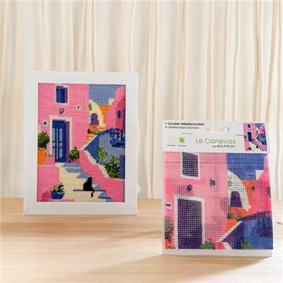 CANEVAS IMPRIME BLANC - DESSIN 15 X 20 CM - ESCALIER MEDITERRANEEN