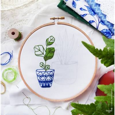 BLUE & GREEN HOUSEPLANTS-KIT BRODERIE 21X21CM-TAMBOUR NON INCLUS