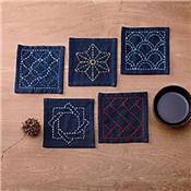 KIT OLYMPUS SASHIKO 3 LOTS DE 5 CARRES TSUMUGI A BRODER - BLEU INDIGO