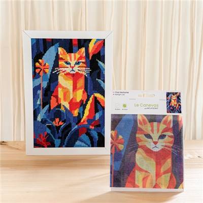 CANEVAS IMPRIME BLANC - DESSIN 20 X 30 CM - CHAT NOCTURNE