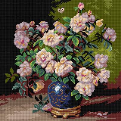 CANEVAS BLANC - OR3480L -40X40CM - ROSES DANS UN VASE D'APRES KREYDER