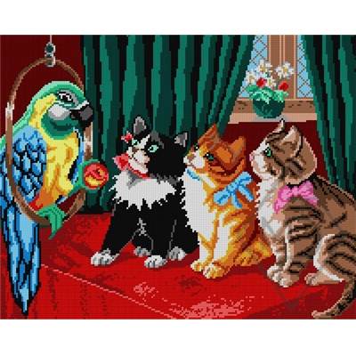 CANEVAS ANTIQUE 40 X 50 CM - LES TROIS CHATON ET LE PERROQUET