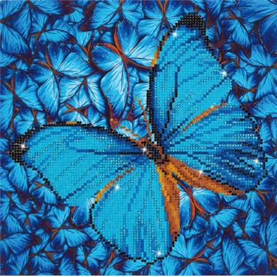 KIT BRODERIE DIAMANT - FLEURS ET PAPILLON BLEU 