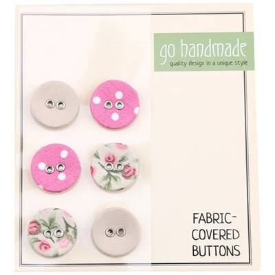 CARTE 6 BOUTONS RECOUVERTS DE TISSUS ASSORTIS - 18 MM - ROSE A POIS
