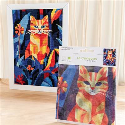 CANEVAS IMPRIME BLANC - DESSIN 20 X 30 CM - CHAT NOCTURNE