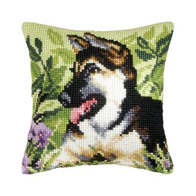 COUSSIN PT DE CROIX EN KIT 40 X 40 CM - CHIEN-LOUP AU JARDIN