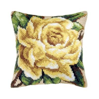 COUSSIN PT DE CROIX EN KIT 40 X 40 CM - UNE ROSE JAUNE