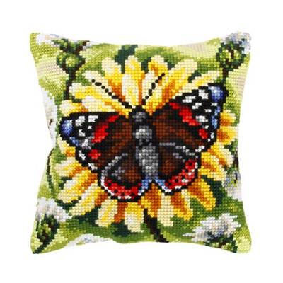 COUSSIN PT DE CROIX EN KIT 40 X 40 CM - LE PAPILLON SUR FLEUR JAUNE