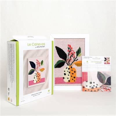 CANEVAS IMPRIME BLANC - DESSIN 15 X 20 CM - VASE AUX POIS ROUGES