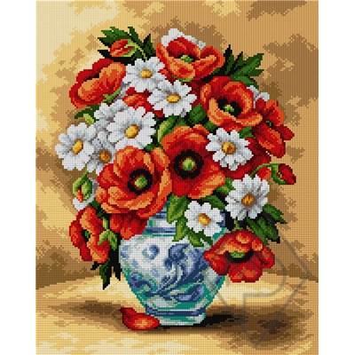 CANEVAS ANTIQUE 40 X 50 CM - BOUQUET DE PAQUERETTES ET COQUELICOTS